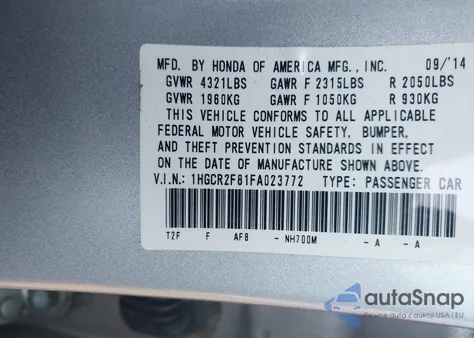 2015 Honda Accord Ex-L z USA, uszkodzony, nr VIN 1HGCR2F81FA023772